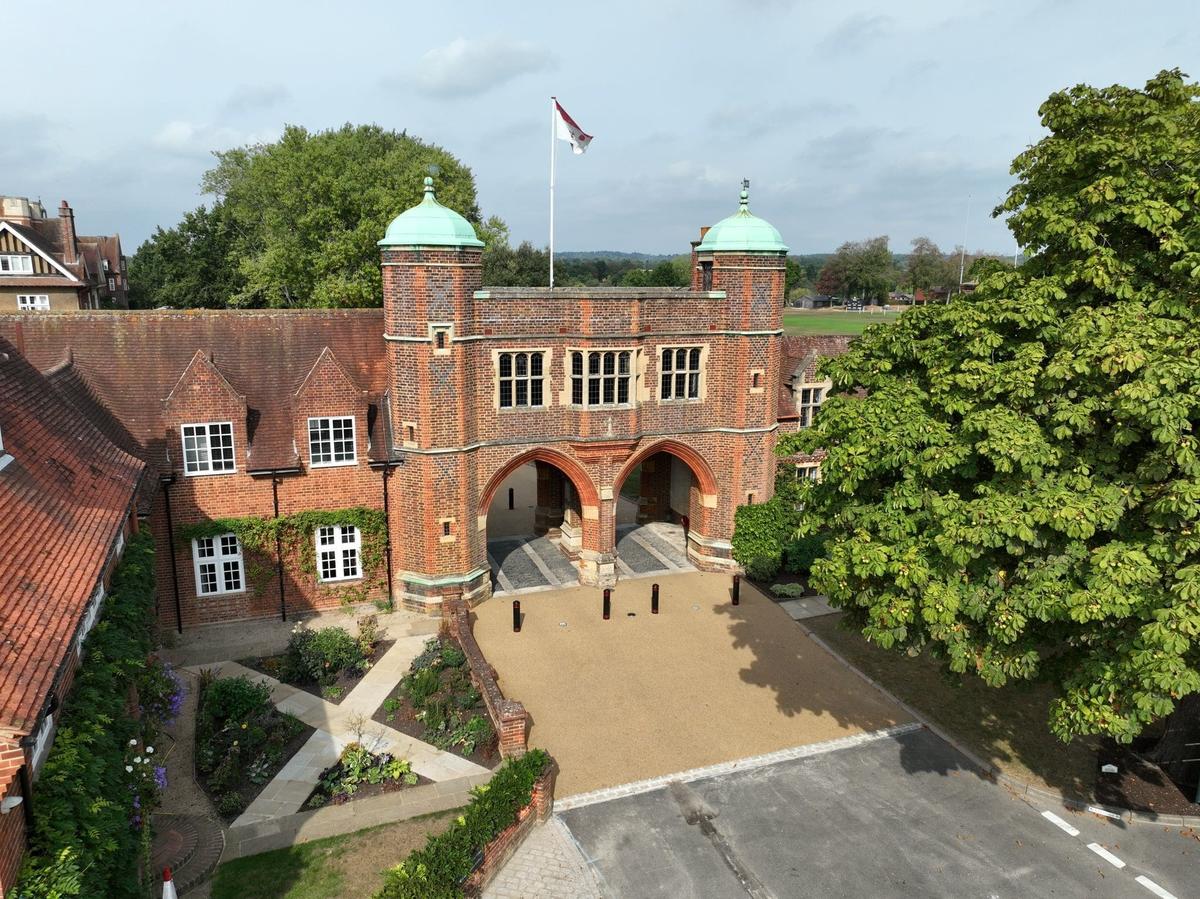 Drone photo of one of the entrances into Radley College which has had DALTEX dune resin bound surfacing laid