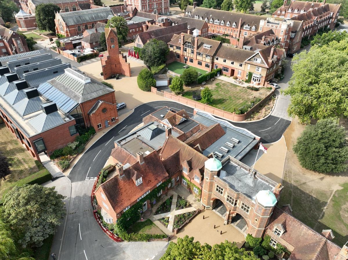 high drone image of Radley College campus showcasing the different installations of DALTEX Dune resin bound surfacing